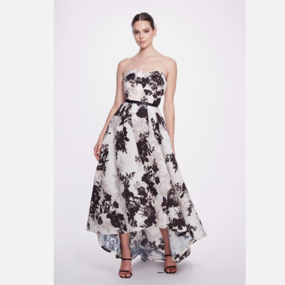 Marchesa Notte Strapless Floral-Print Organza High-Low Gown